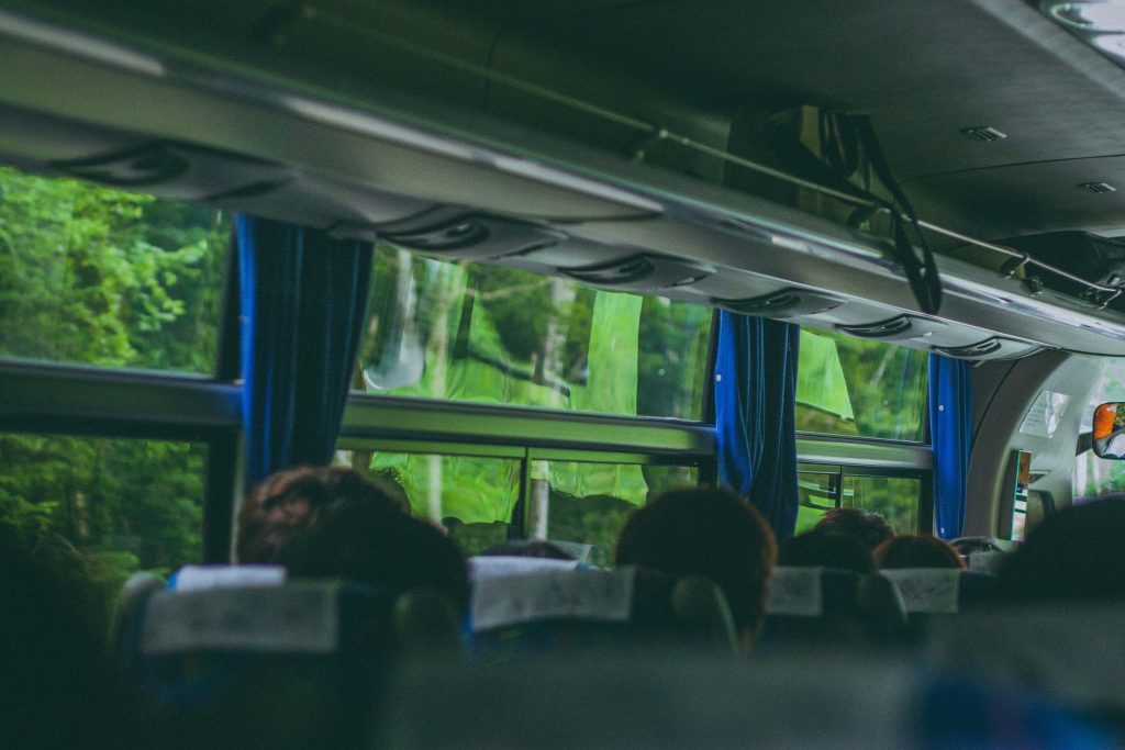 Interior of a bus as it drives through a forest.